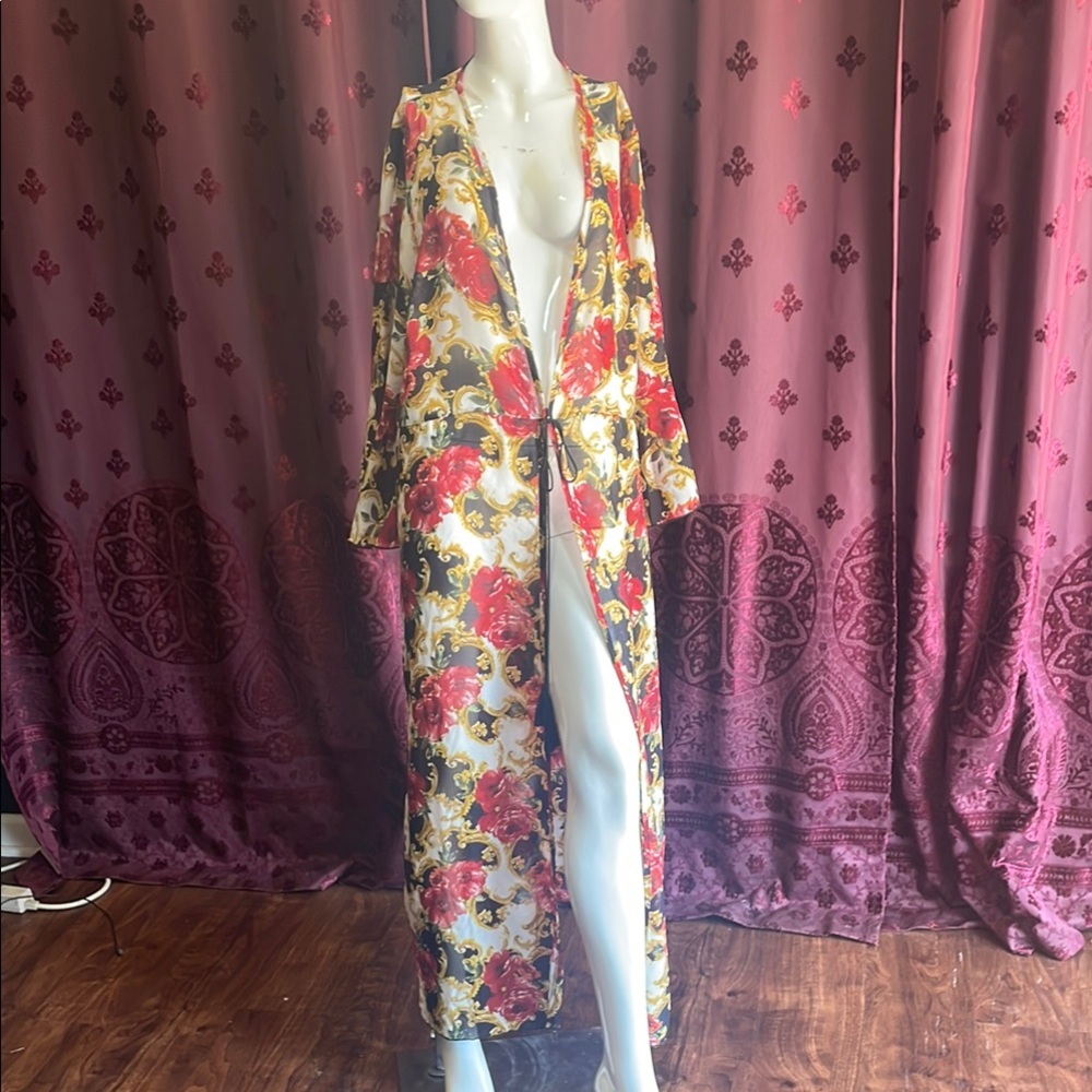 Vintage Long Kimono Robe Golden Fleurs & Red Florals Size 2X